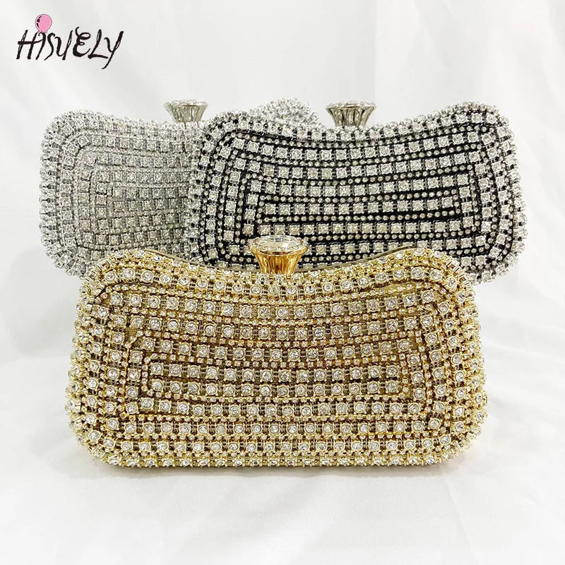 Diamond-Studded Clutch Bag for Wedding Party, Metal Handle Women's Dinner Bag