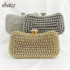 Diamond-Studded Clutch Bag for Wedding Party, Metal Handle Women's Dinner Bag