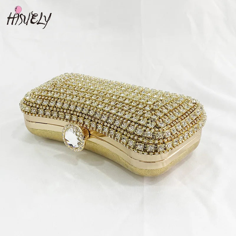 Diamond-Studded Clutch Bag for Wedding Party, Metal Handle Women's Dinner Bag
