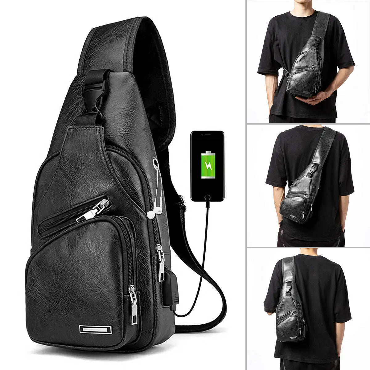 Men Leather Sling Bag Chest Shoulder Crossbody Backpack USB Charging Port