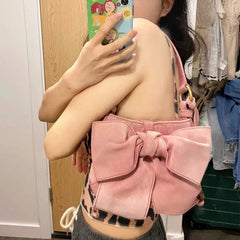 Pink Retro Velvet Bowknot Handbag Soft Suede Leather Shoulder Messenger Bag