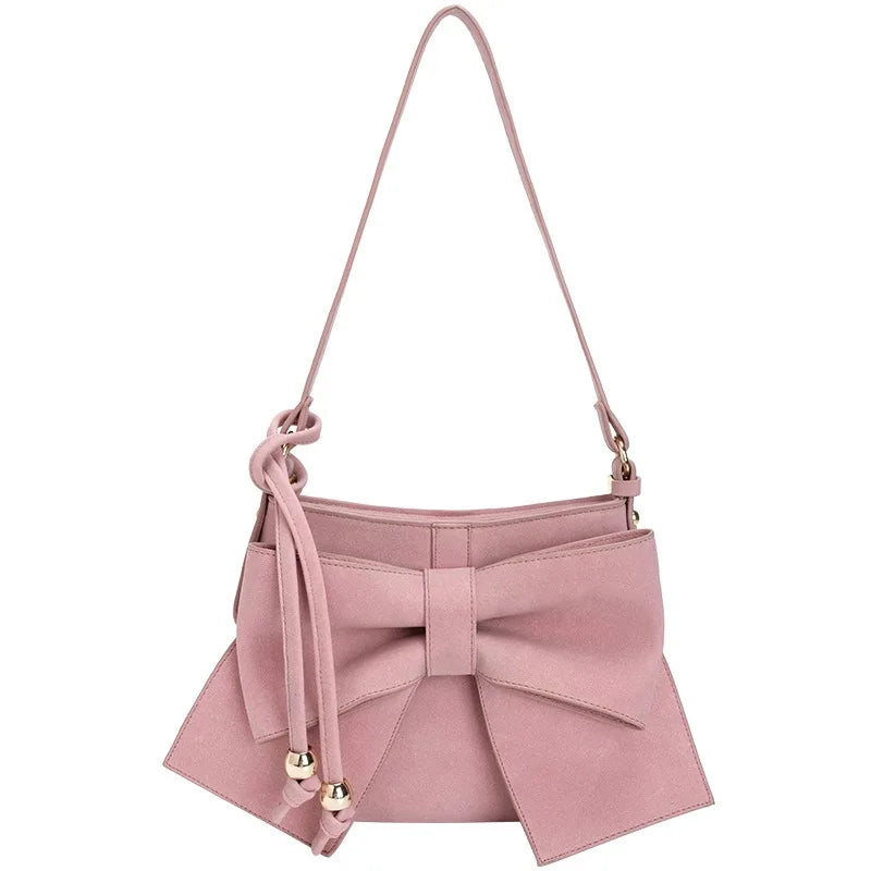 Pink Retro Velvet Bowknot Handbag Soft Suede Leather Shoulder Messenger Bag