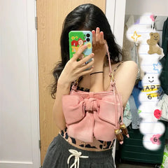 Pink Retro Velvet Bowknot Handbag Soft Suede Leather Shoulder Messenger Bag