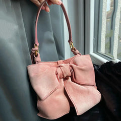 Pink Retro Velvet Bowknot Handbag Soft Suede Leather Shoulder Messenger Bag