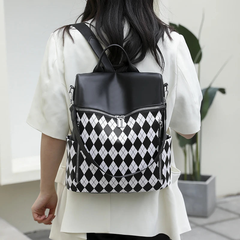 Women's Rhombus Stitching Pattern Backpack - Multi-functional PU Backpack