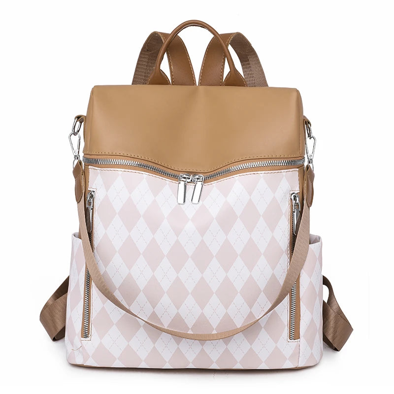 Women's Rhombus Stitching Pattern Backpack - Multi-functional PU Backpack