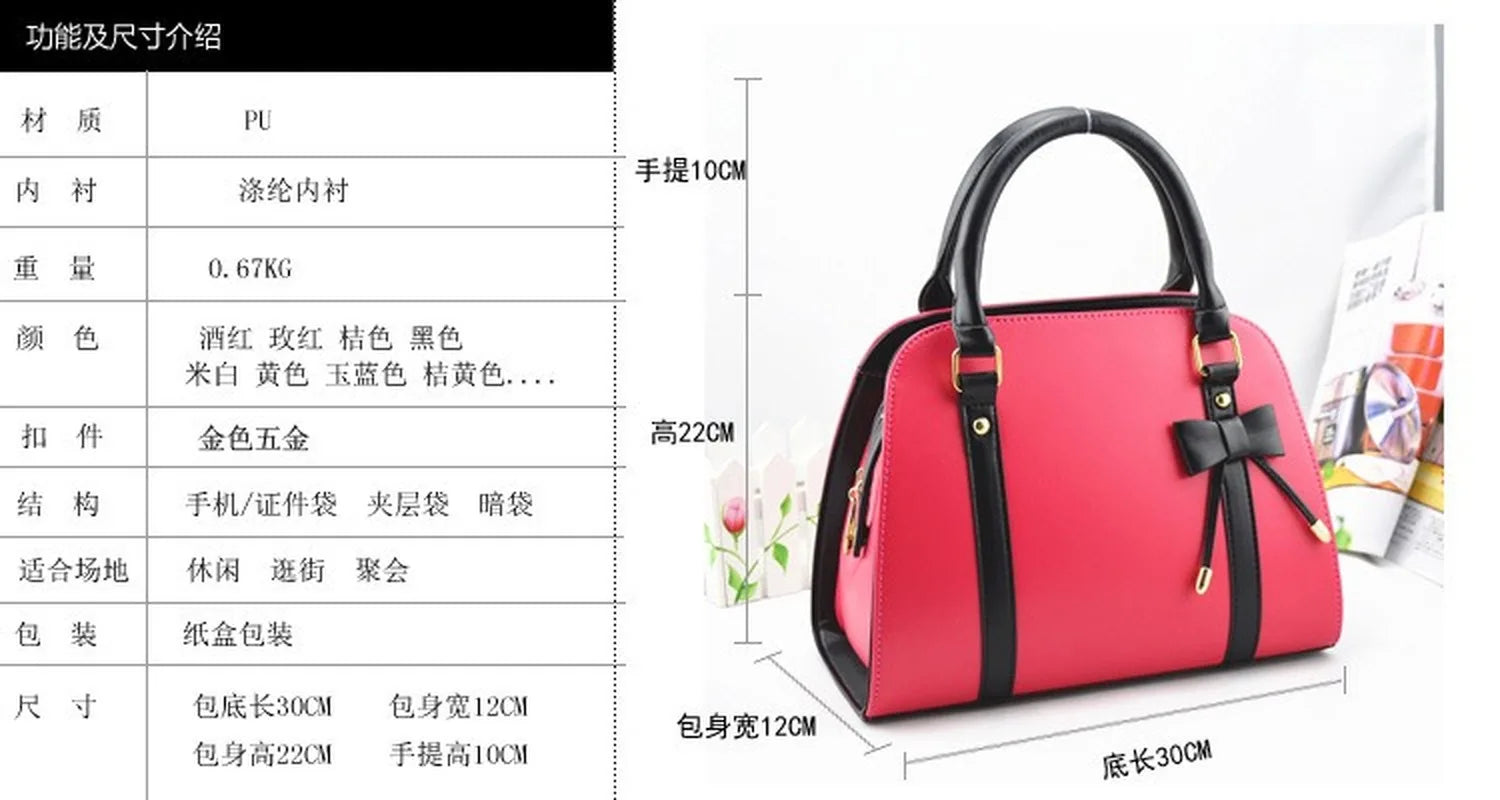 Women's PU Leather Bow Handbag Solid Color One Shoulder Bag