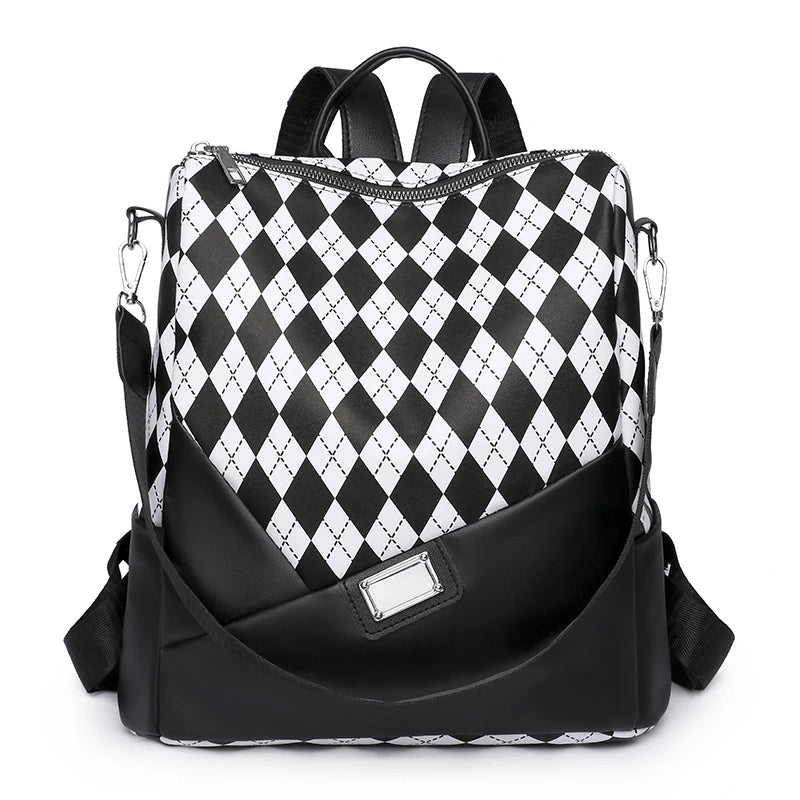 Women's Leather Rhombus Print Large Capacity Travel Backpack