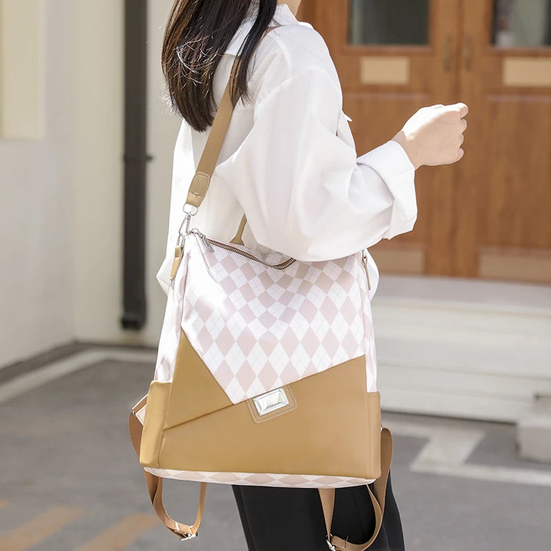 Women's Leather Rhombus Print Large Capacity Travel Backpack