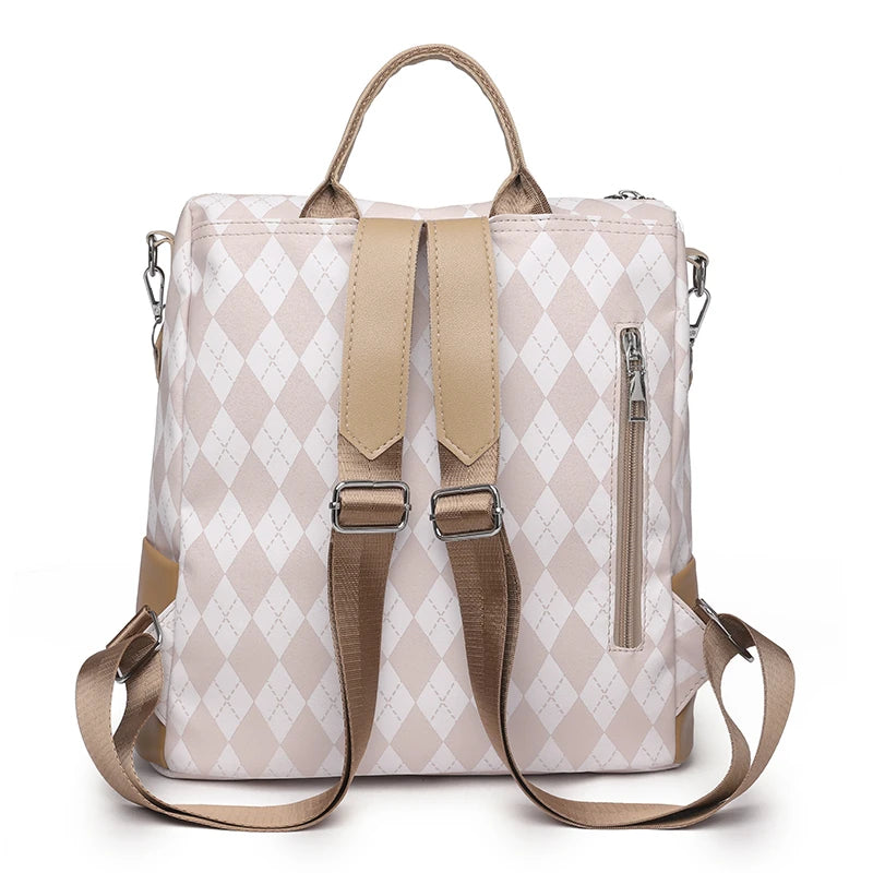 Women's Leather Rhombus Print Large Capacity Travel Backpack