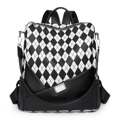 Women's Leather Rhombus Print Large Capacity Travel Backpack