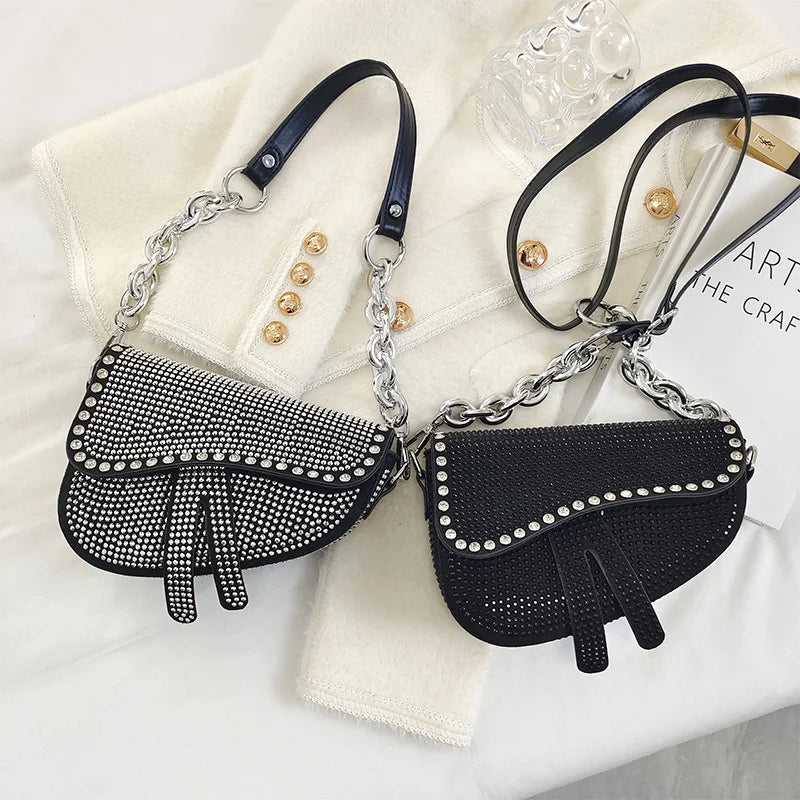 Thick Chain Saddle Bag with Bright Diamond for Women