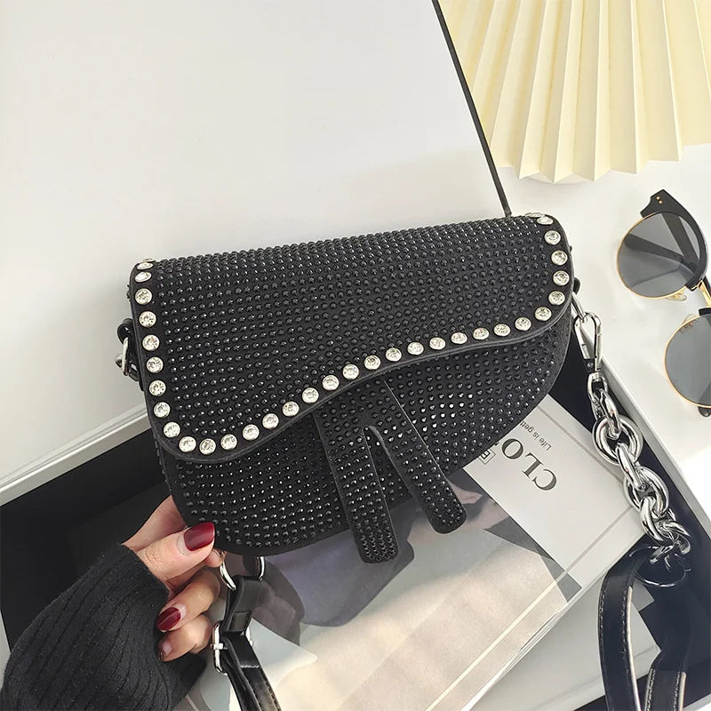 Thick Chain Saddle Bag with Bright Diamond for Women