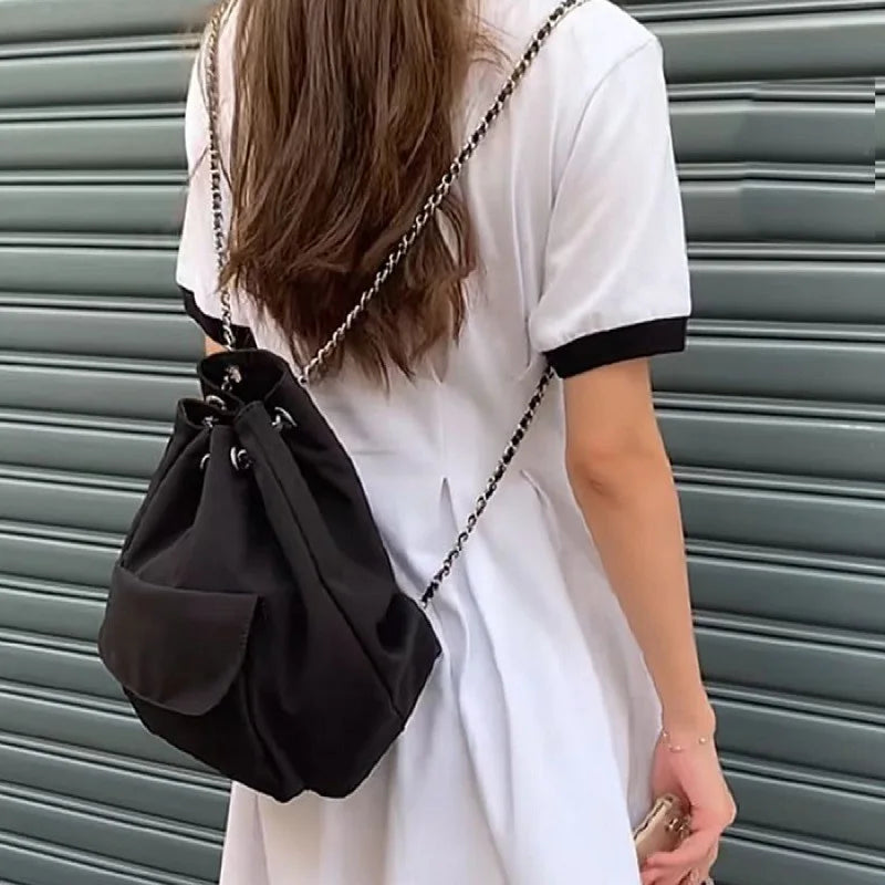 Women Casual Chains Strap Bucket Bag Drawstring Backpack