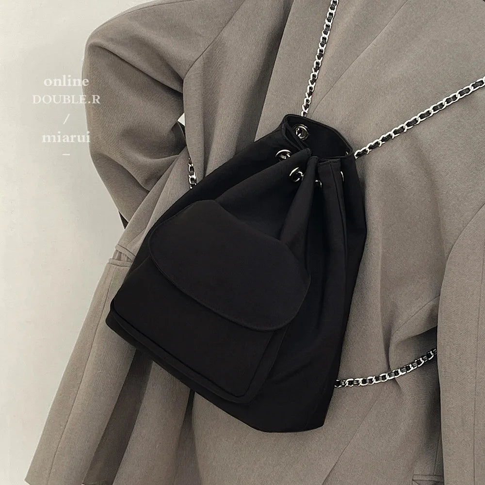 Women Casual Chains Strap Bucket Bag Drawstring Backpack