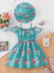 2pcs Toddler Girls Flowers Graphic Dress & Hat Set For Party Beach Vacation