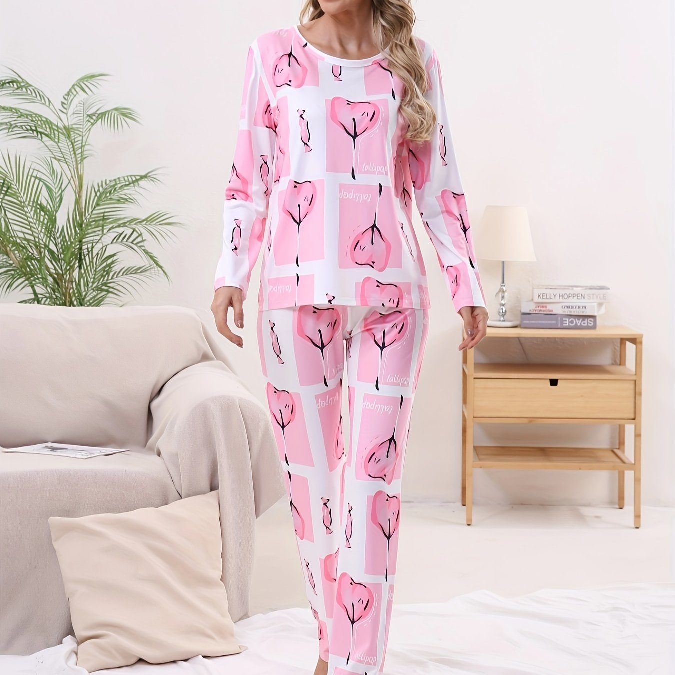 Heart Print Pajama Set Long Sleeve Crew Neck Top & Elastic Waistband Pants