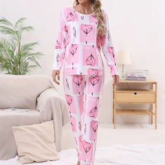 Heart Print Pajama Set Long Sleeve Crew Neck Top & Elastic Waistband Pants