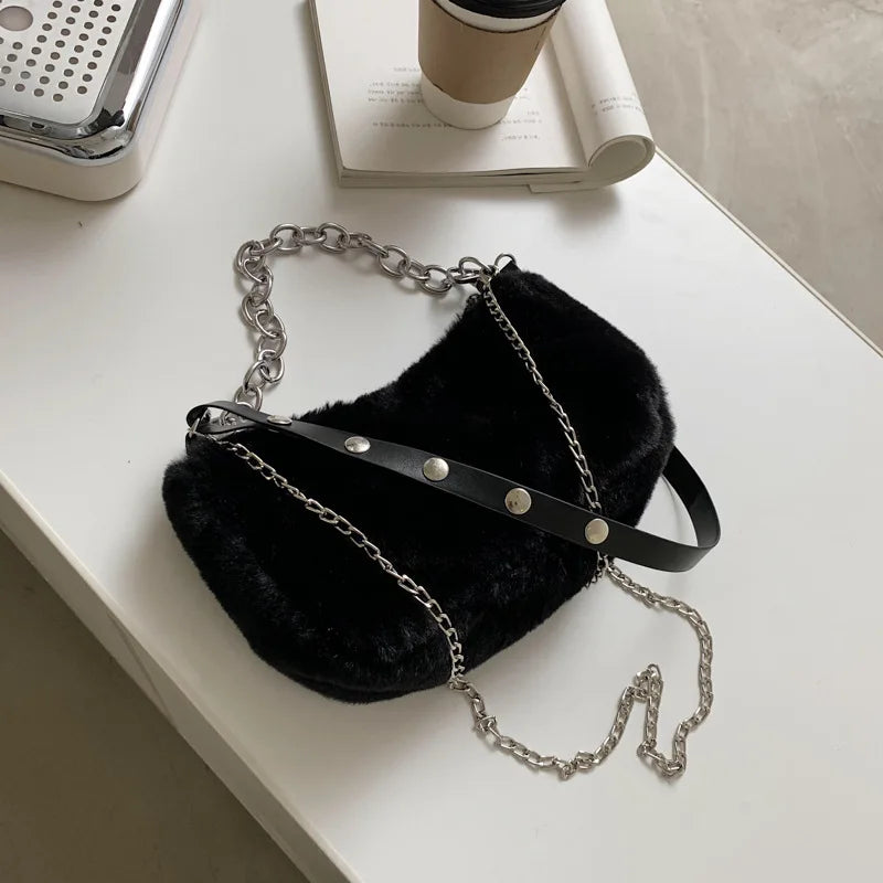 2022 Women Plush Bucket Bag Soft Faux Fur Shoulder Bag