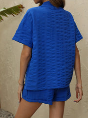 Textured Blouse Set Button Short Sleeve Blouse & Elastic Shorts