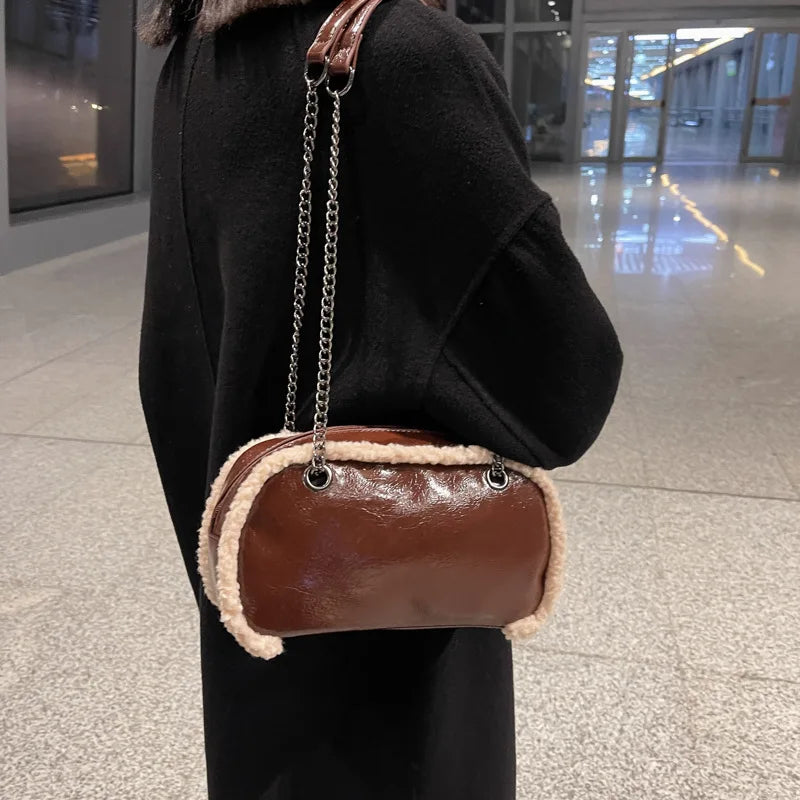 Plush Chain Shoulder Bag Retro Handbag Work Bolsa Feminina