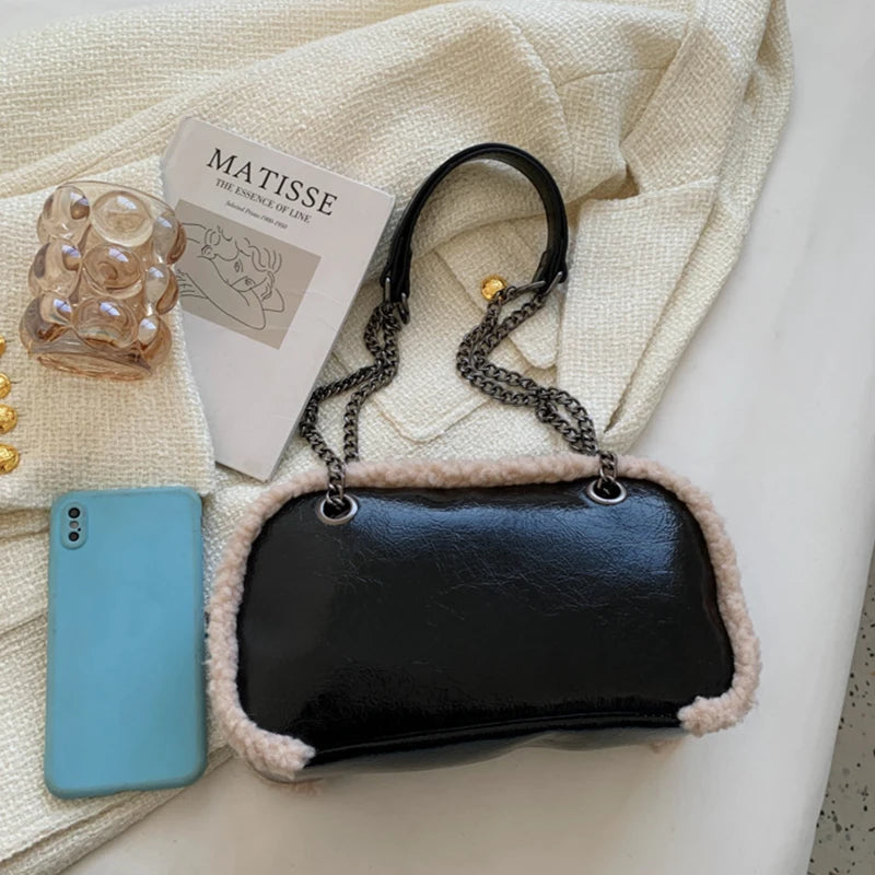 Plush Chain Shoulder Bag Retro Handbag Work Bolsa Feminina