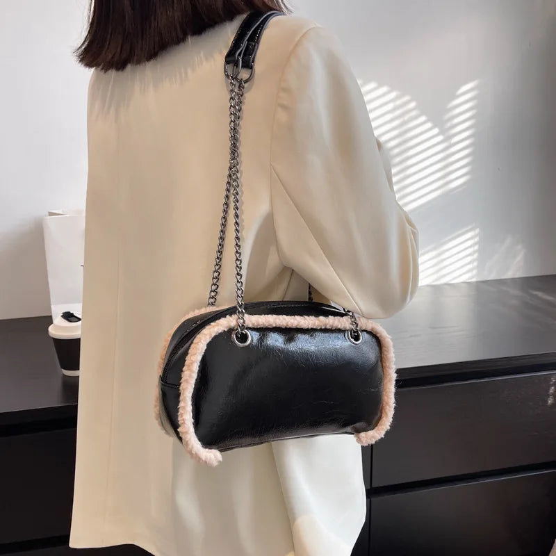 Plush Chain Shoulder Bag Retro Handbag Work Bolsa Feminina