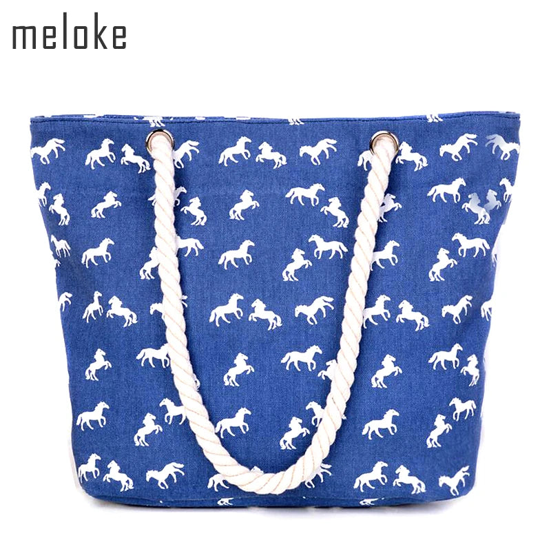 Canvas Shoulder Beach Bag Horse Print Casual Tote Fringed Shopping Bag
