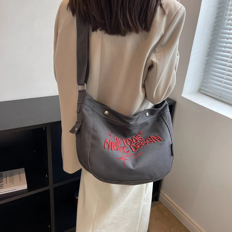 Casual Women Canvas Shoulder Bags Ladies Large Capacity Letters Handbag Beige Gr