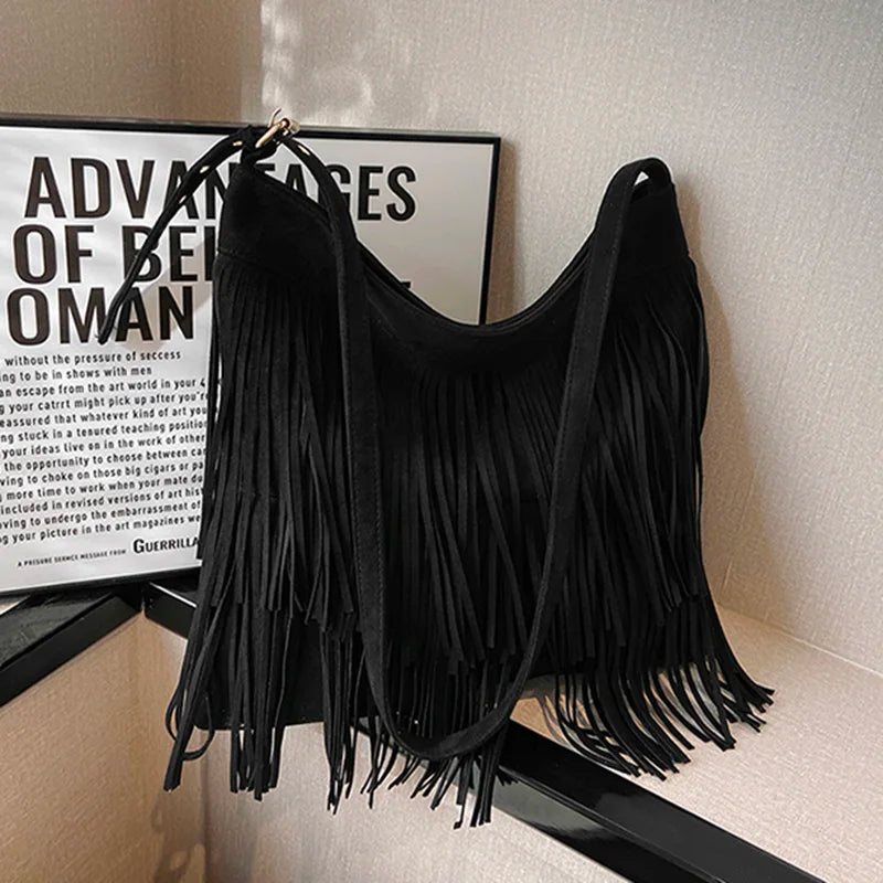 Women Faux Suede Tassel Shoulder Bags Retro Female Soft Large Capacity Handbags