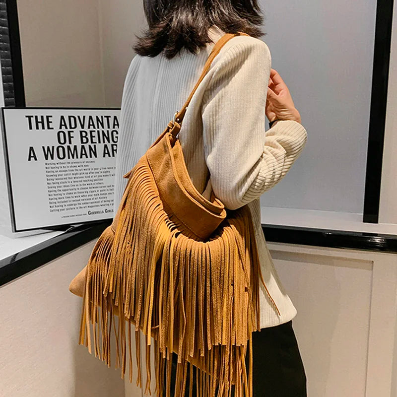 Women Faux Suede Tassel Shoulder Bags Retro Female Soft Large Capacity Handbags