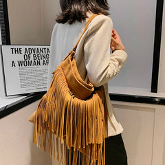 Women Faux Suede Tassel Shoulder Bags Retro Female Soft Large Capacity Handbags