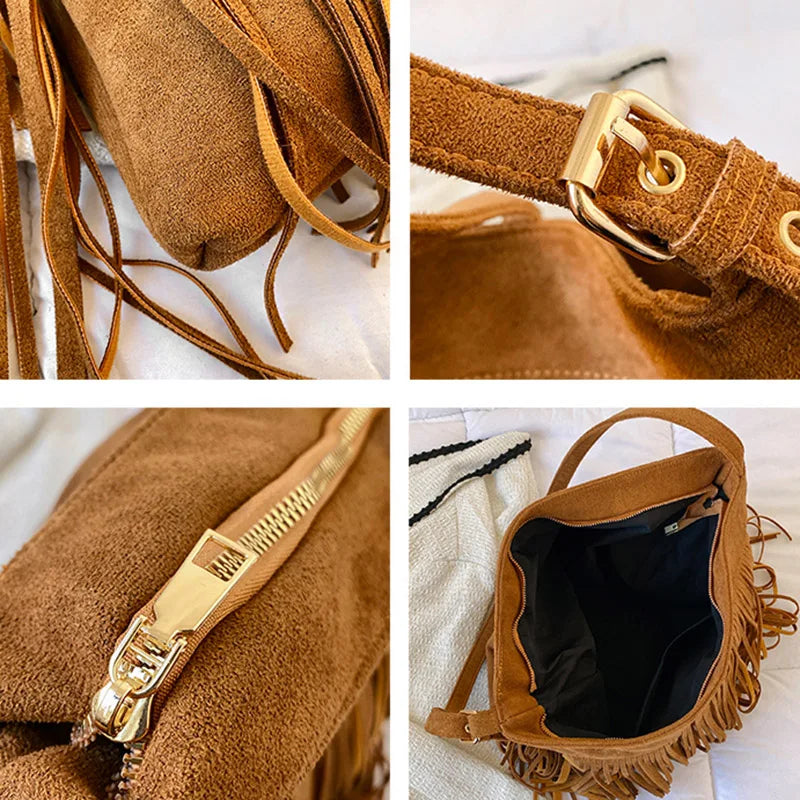 Women Faux Suede Tassel Shoulder Bags Retro Female Soft Large Capacity Handbags