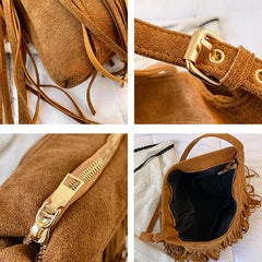 Women Faux Suede Tassel Shoulder Bags Retro Female Soft Large Capacity Handbags