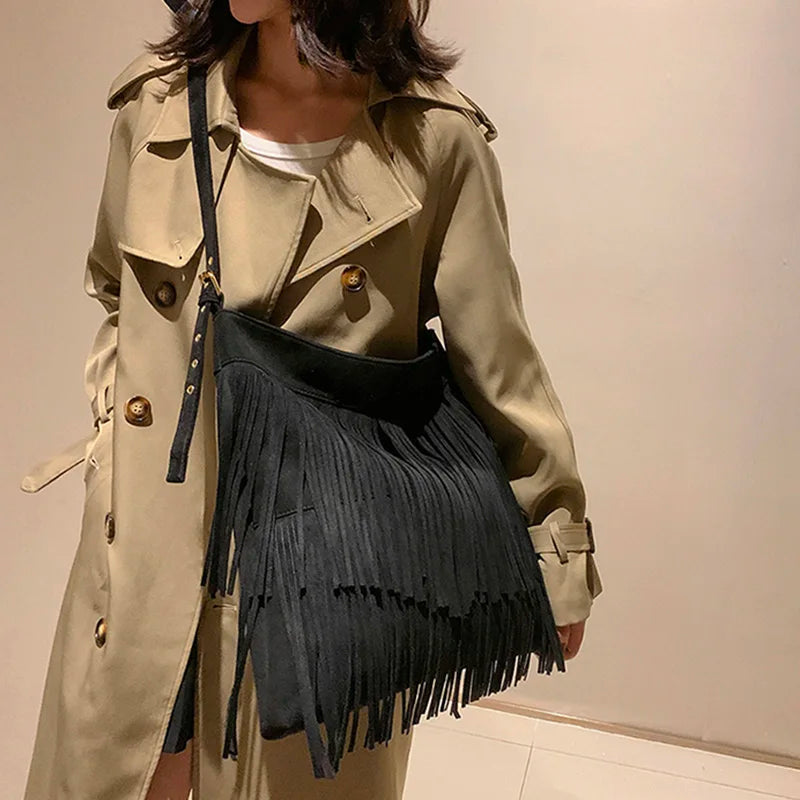 Women Faux Suede Tassel Shoulder Bags Retro Female Soft Large Capacity Handbags