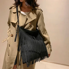 Women Faux Suede Tassel Shoulder Bags Retro Female Soft Large Capacity Handbags
