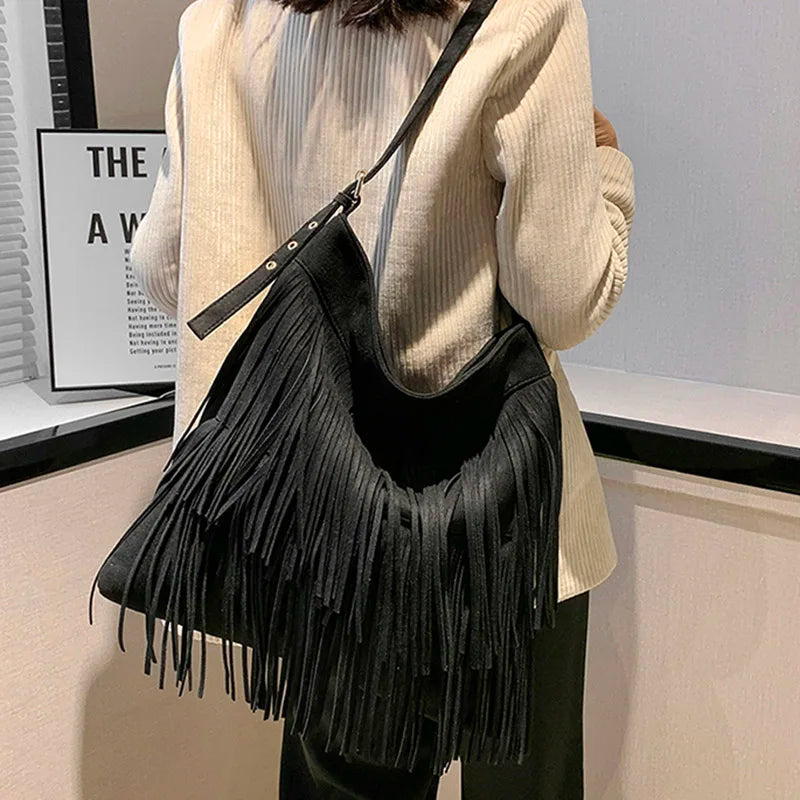 Women Faux Suede Tassel Shoulder Bags Retro Female Soft Large Capacity Handbags