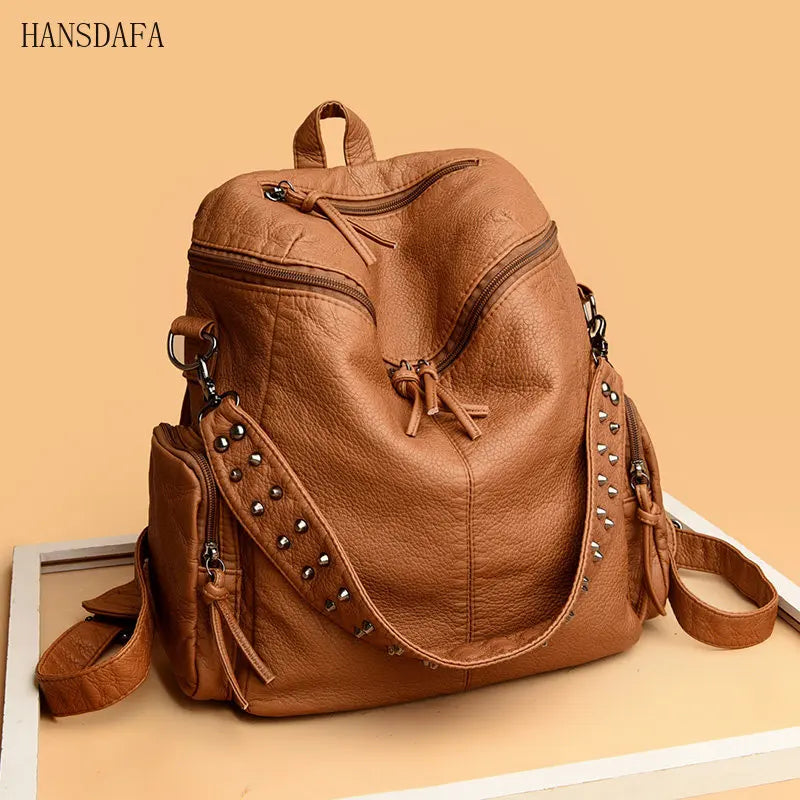 Soft Leather Backpack for Women Large Capacity School Bag