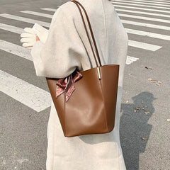 Women's Bucket Shoulder Bag with Big Pockets, PU Leather Tote
