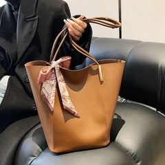 Women's Bucket Shoulder Bag with Big Pockets, PU Leather Tote