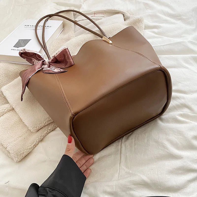 Women's Bucket Shoulder Bag with Big Pockets, PU Leather Tote