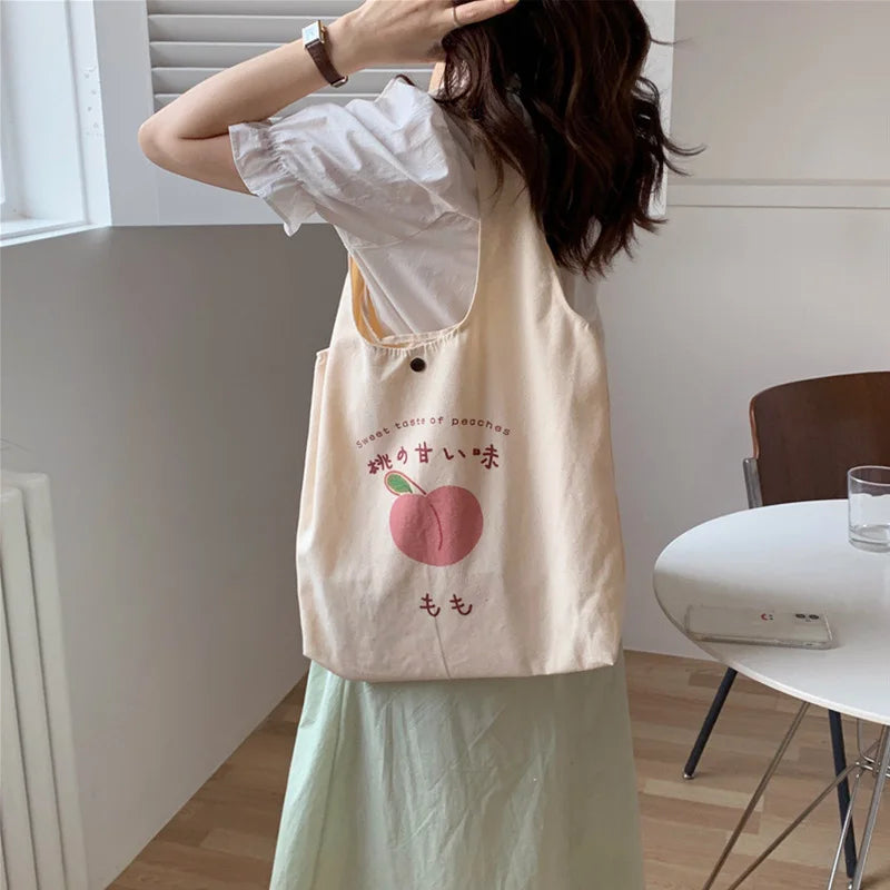 Japanese Style Peach Print Canvas Tote Bag Purse Shoulder Bag