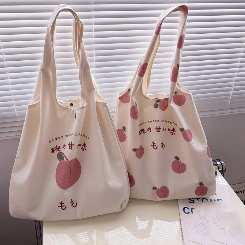 Japanese Style Peach Print Canvas Tote Bag Purse Shoulder Bag
