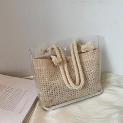 Clear Straw Beach Shoulder Bags PVC Jelly Tote Bags Large Weave Handba