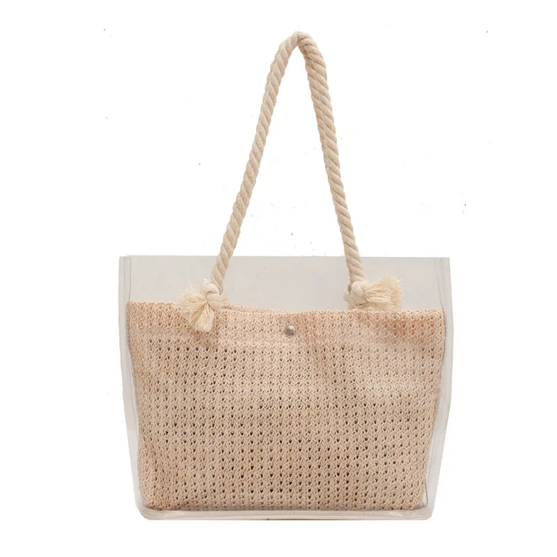 Clear Straw Beach Shoulder Bags PVC Jelly Tote Bags Large Weave Handba