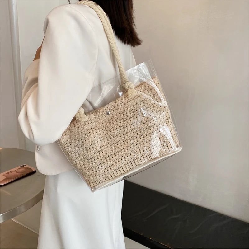 Clear Straw Beach Shoulder Bags PVC Jelly Tote Bags Large Weave Handba