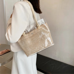 Clear Straw Beach Shoulder Bags PVC Jelly Tote Bags Large Weave Handba