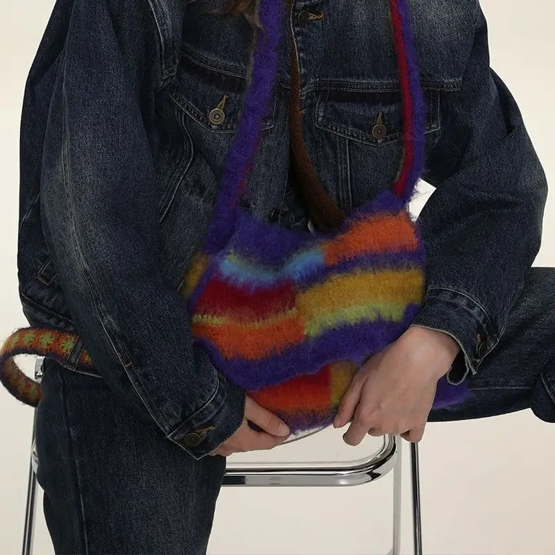 Rainbow Stripe Shoulder Shopping Bag Vintage Female Handbag