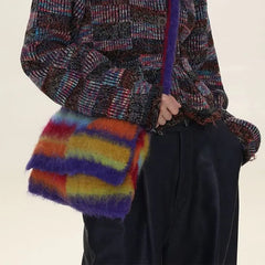 Rainbow Stripe Shoulder Shopping Bag Vintage Female Handbag