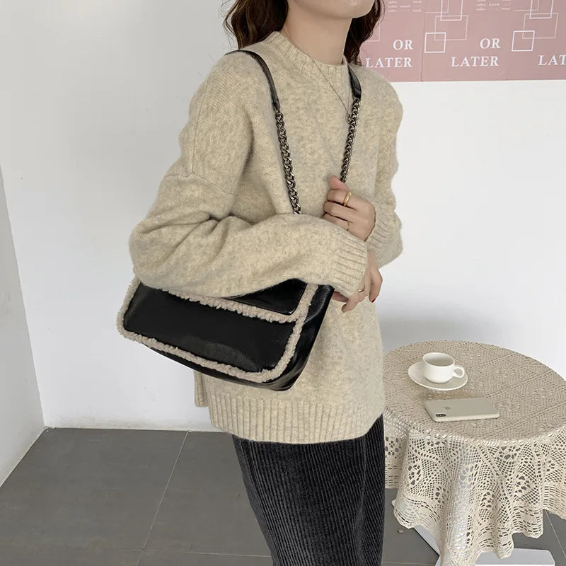 Faux Fur Messenger Bag Lamb Wool Women Shoulder Bags Totes Warm Purses
